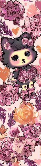 Free kawaii cats bookmark featuring a cat with a bunch of orange flowers